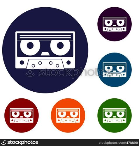 Audio cassette tape icons set in flat circle red, blue and green color for web. Audio cassette tape icons set