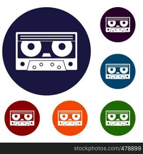 Audio cassette tape icons set in flat circle red, blue and green color for web. Audio cassette tape icons set