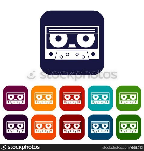 Audio cassette tape icons set vector illustration in flat style In colors red, blue, green and other. Audio cassette tape icons set flat
