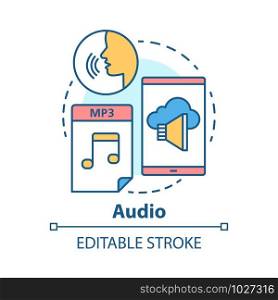 Audio concept icon. Listening & hearing information idea thin line illustration. Songs, audiobooks, speech. Stereo records, music sounds and files. Vector isolated outline drawing. Editable stroke