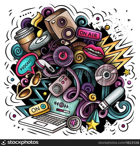 Audio content cartoon doodles illustration. Creative funny vector background. Podcasts, audiobooks, radio symbols, elements and objects. Colorful composition. Audio content cartoon doodles illustration. Funny design.