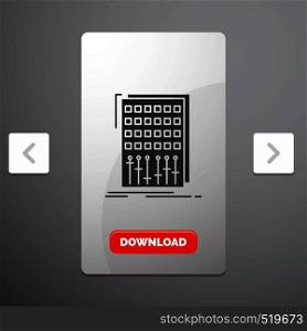 Audio, control, mix, mixer, studio Glyph Icon in Carousal Pagination Slider Design & Red Download Button. Vector EPS10 Abstract Template background