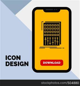 Audio, control, mix, mixer, studio Glyph Icon in Mobile for Download Page. Yellow Background. Vector EPS10 Abstract Template background