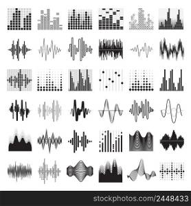 Audio equalizer black white icons set flat isolated vector illustration . Audio Equalizer Black White Icons Set