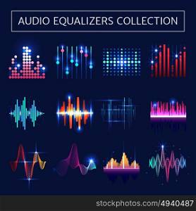 Audio Equalizer Neon Set . Bright audio equalizer neon set with sound waves symbols on blue background flat isolated vector illustration