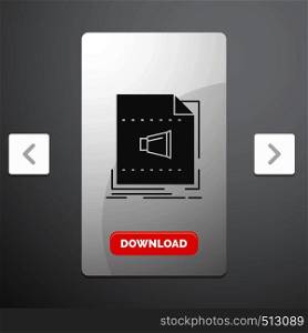 Audio, file, format, music, sound Glyph Icon in Carousal Pagination Slider Design & Red Download Button. Vector EPS10 Abstract Template background