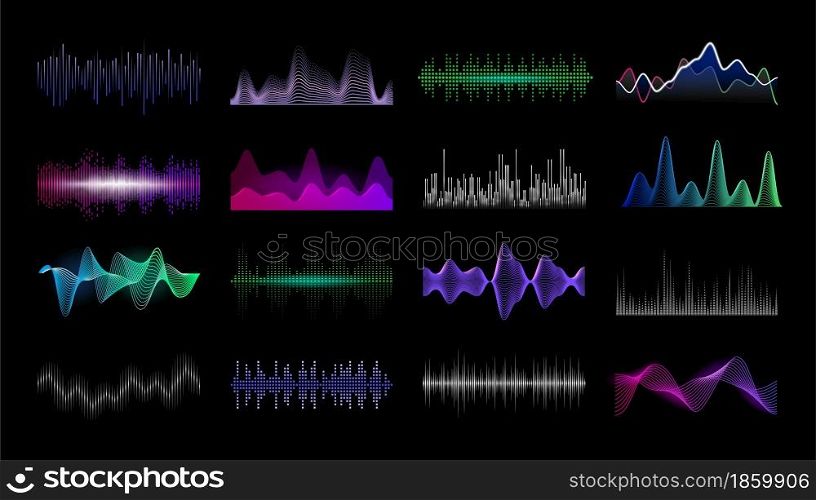 Audio frequency. Sound waveform HUD interface templates. Soundwave spectrum and futuristic signal dynamic amplitudes. Musical tune player. Vector digital or analog record equipment UI black mockup set. Audio frequency. Sound waveform HUD interface templates. Soundwave spectrum and futuristic signal dynamic amplitudes. Musical player. Vector digital or analog record equipment UI mockup set