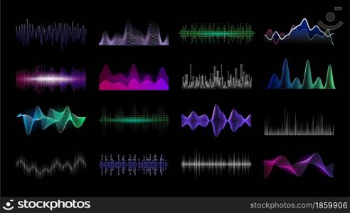 Audio frequency. Sound waveform HUD interface templates. Soundwave spectrum and futuristic signal dynamic amplitudes. Musical tune player. Vector digital or analog record equipment UI black mockup set. Audio frequency. Sound waveform HUD interface templates. Soundwave spectrum and futuristic signal dynamic amplitudes. Musical player. Vector digital or analog record equipment UI mockup set