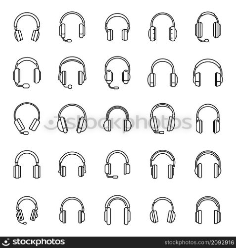 Audio headset icons set outline vector. Call accessory. Cord headset. Audio headset icons set outline vector. Call accessory