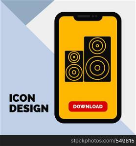 Audio, hifi, monitor, speaker, studio Glyph Icon in Mobile for Download Page. Yellow Background. Vector EPS10 Abstract Template background