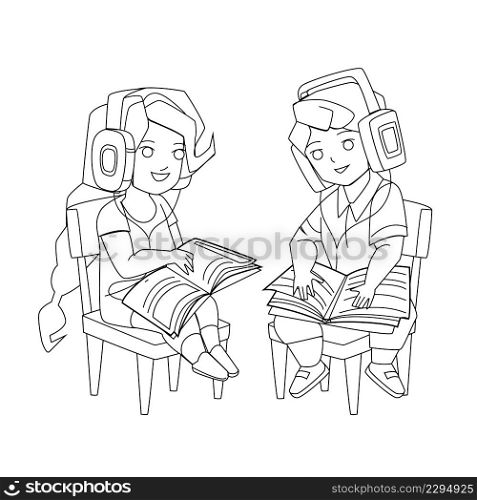 Audio Lesson Listening Children Together Black Line Pencil Drawing Vector. Preteen Boy And Girl Kids Listen Audio Lesson In Earphones And Reading Educational Book. Characters Schoolboy Schoolgirl. Audio Lesson Listening Children Together Vector