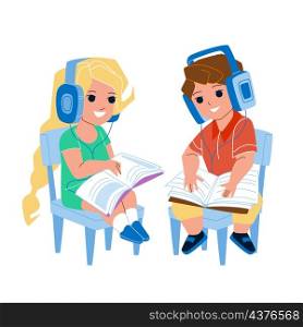 Audio Lesson Listening Children Together Vector. Preteen Boy And Girl Kids Listen Audio Lesson In Earphones And Reading Educational Book. Characters Schoolboy And Schoolgirl Flat Cartoon Illustration. Audio Lesson Listening Children Together Vector