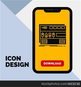 Audio, mastering, module, rackmount, sound Glyph Icon in Mobile for Download Page. Yellow Background. Vector EPS10 Abstract Template background