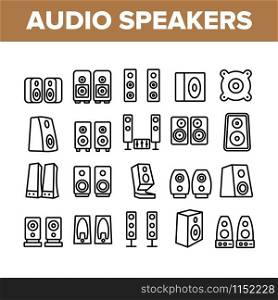 Audio Music Speakers Collection Icons Set Vector Thin Line. Electronic Acoustic Audio Sound Speakers System And Loudspeakers Concept Linear Pictograms. Monochrome Contour Illustrations. Audio Music Speakers Collection Icons Set Vector