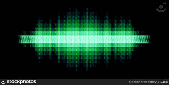 Audio or music green shiny sound waveform with triangular light filter with colorful triangles for party poster or medical equipment cover
