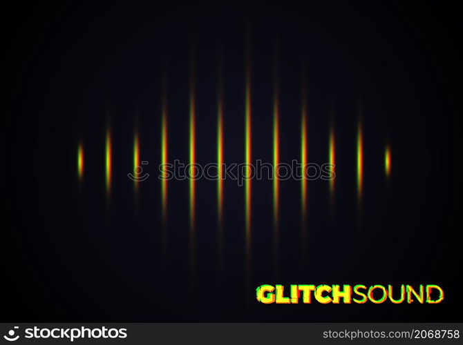 Audio or sound wave with music volume peaks and color glitch effect on blurred line vibrating waveform