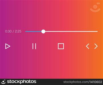 Audio player mockup in gradient background and flat icons. Music interface with play, pause, stop, next and previous icons. Sound ui bar template with radio button for listening mp3 music. Vector EPS 10