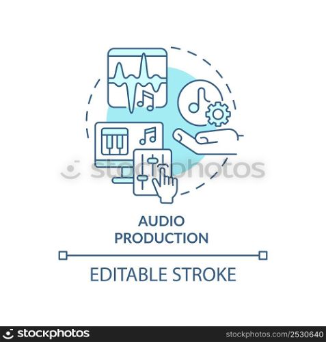Audio production turquoise concept icon. Selecting top skill for freelancer abstract idea thin line illustration. Isolated outline drawing. Editable stroke. Arial, Myriad Pro-Bold fonts used. Audio production turquoise concept icon