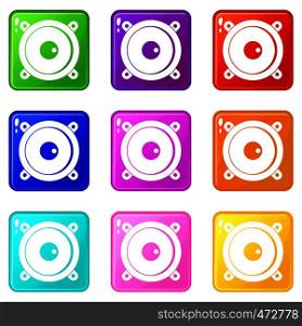 Audio speaker icons of 9 color set isolated vector illustration. Audio speaker icons 9 set