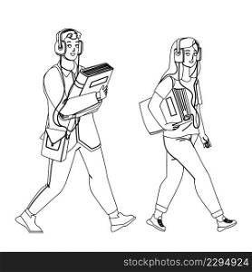 Audiobook Listening Boy And Girl On Street Black Line Pencil Drawing Vector. Young Man And Woman Walking With Book And Listen Audiobook In Earphones. Characters Electronic Gadget For Study. Audiobook Listening Boy And Girl On Street Vector