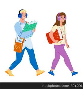 Audiobook Listening Boy And Girl On Street Vector. Young Man And Woman Walking With Book And Listen Audiobook In Earphones. Characters Electronic Gadget For Study Flat Cartoon Illustration. Audiobook Listening Boy And Girl On Street Vector
