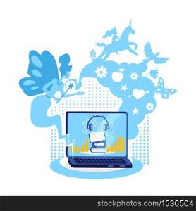 Audiobook on computer flat concept vector illustration. Fairy tale on audio book. Laptop with playing e book 2D cartoon object for web design. Online storytelling for children creative idea. Audiobook on computer flat concept vector illustration