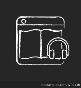 Audiobook online platforms chalk white icon on dark background. Listening and streaming podcasts. Digital collection. Improving time management. Isolated vector chalkboard illustration on black. Audiobook online platforms chalk white icon on dark background