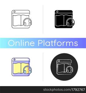 Audiobook online platforms icon. Listening and streaming podcasts. Digital collection. E-books. Improving time management. Linear black and RGB color styles. Isolated vector illustrations. Audiobook online platforms icon