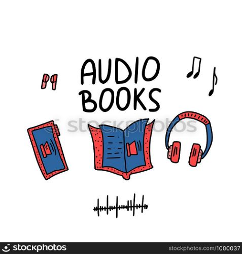 Audiobooks concept. Set of audio book symbols with lettering. Vector illustration.