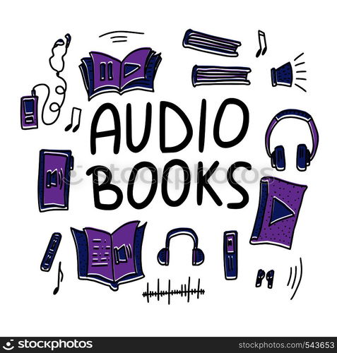 Audiobooks concept. Set of audio book symbols with lettering. Vector illustration.