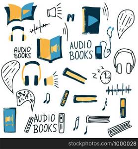 Audiobooks elements collection. Set of audio book symbols with lettering. Vector illustration.