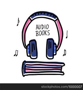 Audiobooks emblem. Set of audio book symbols with lettering. Vector conceptual illustration.