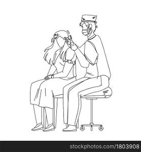 Audiologist Checking Patient Girl Ears Black Line Pencil Drawing Vector. Audiologist Doctor Man Examining Young Woman Hearing In Hospital Cabinet. Characters Health Check And Treatment Illustration. Audiologist Checking Patient Girl Ears Vector
