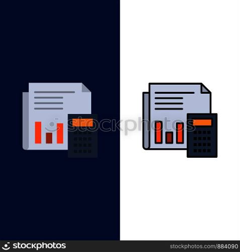 Audit, Accounting, Banking, Budget, Business, Calculation, Financial, Report Icons. Flat and Line Filled Icon Set Vector Blue Background