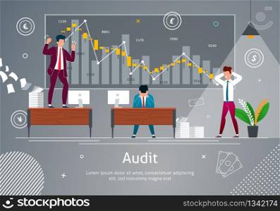 Audit concept vector illustration. Angry and Annoyed Businessman at Work Office Banner. Stressed Worker on Table Screaming and Throwing Paper at Workplace. Character in Desperation.. Angry and Annoyed Businessman at Work Office.