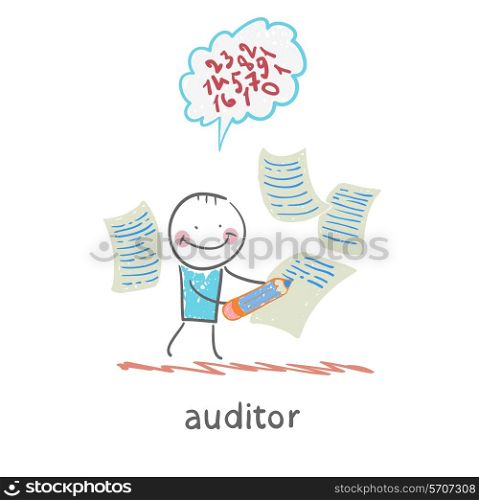 Auditor writes on a piece of paper and think about the formulas