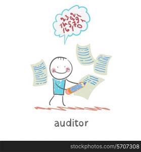Auditor writes on a piece of paper and think about the formulas