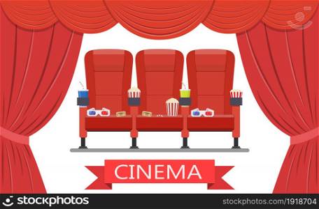 Auditorium and red comfortable armchair in the cinema. Drinks and popcorn, glasses for movie.. Drinks and popcorn, glasses for movie