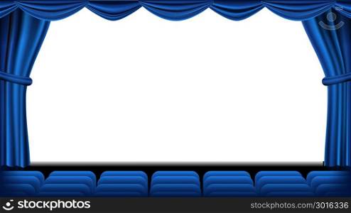Auditorium With Seating Vector. Blue Curtain. Theater, Cinema Screen And Seats. Stage And Chairs. Blue Curtain. Theater. Realistic Illustration.. Auditorium With Seating Vector. Blue Curtain. Theater, Cinema Screen And Seats. Stage And Chairs. Blue Curtain. Theater. Illustration