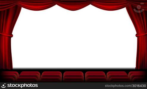 Auditorium With Seating Vector. Red Curtain. Theater, Cinema Screen And Seats. Stage And Chairs. Realistic Illustration. Auditorium With Seating Vector. Red Curtain. Theater, Cinema Screen And Seats. Stage And Chairs. Illustration