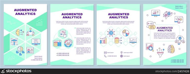 Augmented analytics mint brochure template. Automated analysis process. Leaflet design with linear icons. 4 vector layouts for presentation, annual reports. Arial-Black, Myriad Pro-Regular fonts used. Augmented analytics mint brochure template