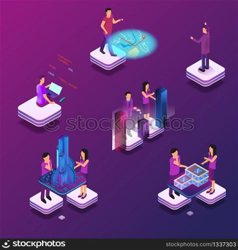 Augmented and Virtual Reality in Everyday Life 3d. Isometric Vector Illustration Group People in Process. Online Programming, Building Design, Financial Analytics, Navigation Online City Map