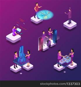 Augmented and Virtual Reality in Everyday Life 3d. Isometric Vector Illustration Group People in Process. Online Programming, Building Design, Financial Analytics, Navigation Online City Map