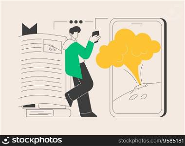 Augmented reality book abstract concept vector illustration. Educational model, digital content, smartphone and gaming console, video playback, interaction with the text abstract metaphor.. Augmented reality book abstract concept vector illustration.