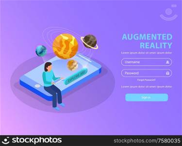 Augmented reality educative site isometric landing page with woman visualizing solar system using smartphone background vector illustration