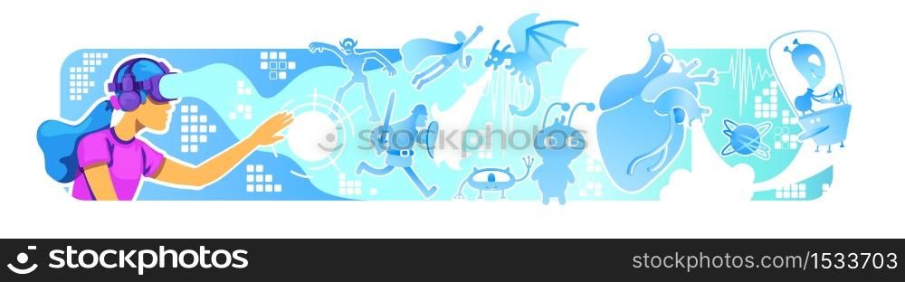 Augmented reality experience 2D vector web banner, poster. Female gamer with VR headset flat characters on cartoon background. Entertainment simulation with augmented reality colorful scene. Augmented reality experience 2D vector web banner, poster