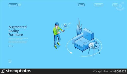Augmented reality furniture banner. AR technologies, smart app for mobile phone with virtual interior store catalog. Vector landing page with isometric man with smartphone, armchair and table. Augmented reality furniture banner