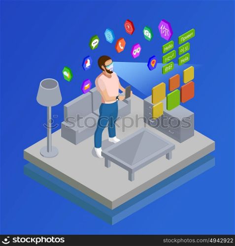 Augmented Reality Glases Symbols Isometric oster . Man in augmented reality smart glasses with computer vision learning foreign language home isometric poster vector illustration
