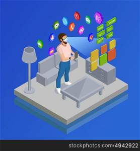 Augmented Reality Glases Symbols Isometric oster . Man in augmented reality smart glasses with computer vision learning foreign language home isometric poster vector illustration