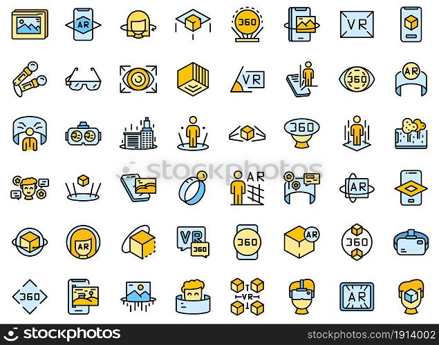 Augmented reality icons set. Outline set of augmented reality vector icons thin line color flat isolated on white. Augmented reality icons set line color vector